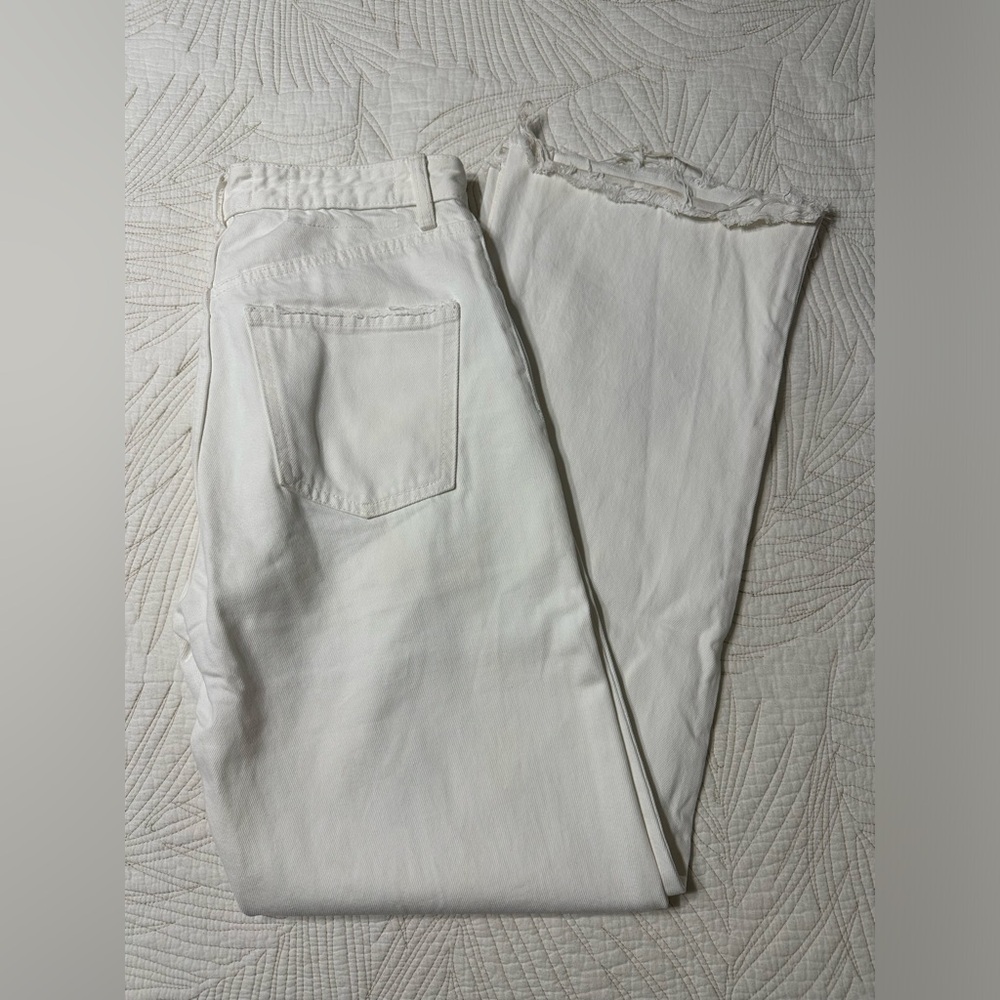 Zara White High Waisted Straight Leg Ripped Jeans